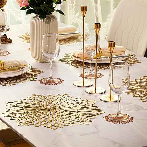 Snowkingdom 4 Pack Gold Placemats Metallic Pressed Vinyl Golden for Dinning Table Place Mats Round Floral Charger Decoration for Christmas Thanksgiving Holiday Wedding