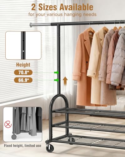 Heavy Duty Rolling Clothes Rack with 3 Shelves Black - Adjustable & Portable