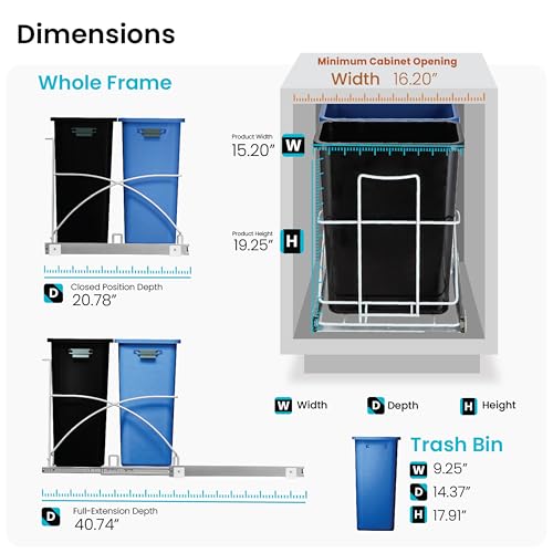 Home Zone Living 15.3 Gallon Pull-Out Dual Kitchen Trash Can with In-Cabinet Design