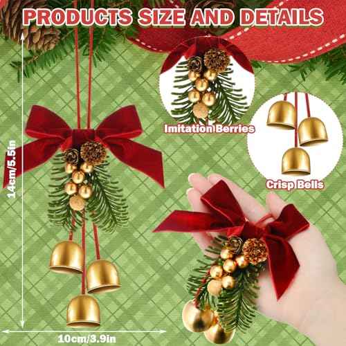 2 Pcs Christmas Wreath Bows with Jingle Bells and Pinecone Hanging Christmas Tree Topper Xmas Bow Pine Cones with Bell Pendant Decorative Bows Ornament for Party Decoration Kitchen Cabinet