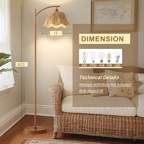 Walnut Oneach Rattan Floor Lamp with Foot Switch - Boho Farmhouse Style