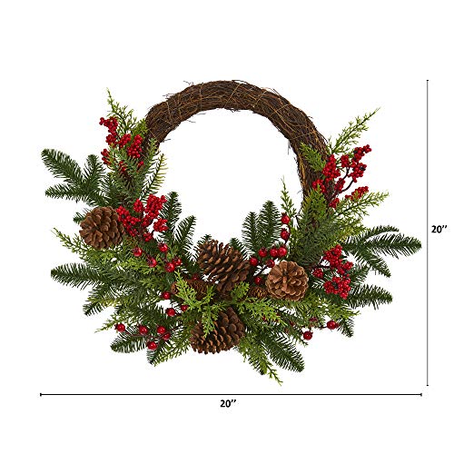 Nearly Natural 22-Inch Artificial Christmas Wreath with Pinecones & Holly Berries
