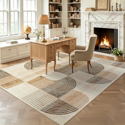Beige 9' x 6' Washable Non-Slip Modern Area Rug for Living Room