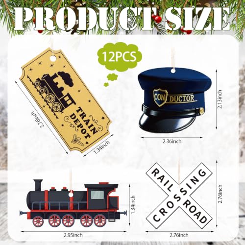 Oudain 12 Pcs Christmas Express Decor Train Ornaments - 4 Styles, Wooden Train Tickets, 2.76in - Variation: 12 / Train