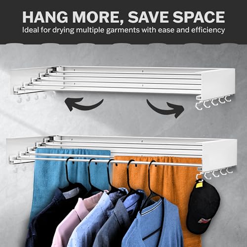 White Foldable Wall-Mounted Clothes Drying Rack - 13.2 Ft, Supports 60 lbs