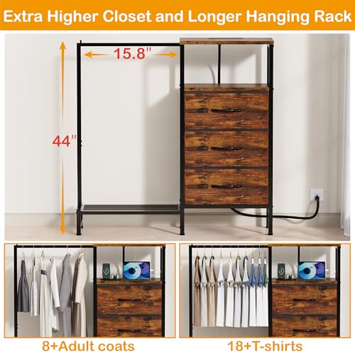 Bedroom Dresser with Hanging Rack and Charging Station - Brown