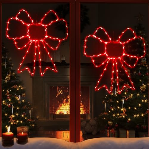 Riakrum 4 Pack Christmas Window Silhouette Lights with Bows - 80 Red LEDs, USB Powered, 8 Modes, Timer, Indoor Outdoor Holiday Decor