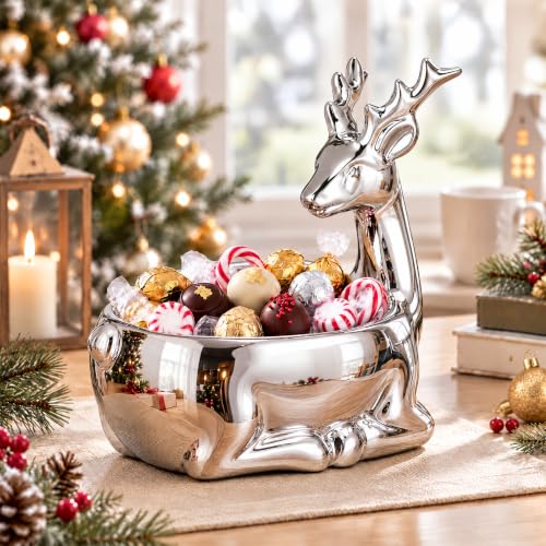 SiliFine Christmas Silver Reindeer Ceramic Candy Bowl - Holiday Table Decor