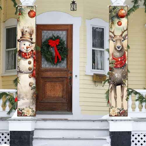 Christmas Porch Sign Banner Merry Christmas Snowman Deer Door Banner for Xmas Holiday Welcome Banner Winter Wall Stretching Portraits For Indoor Outdoor