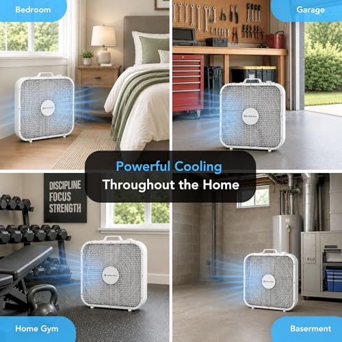Comfort Zone White 20-Inch Box Fan with Carry Handle, 3-Speed Air Circulation