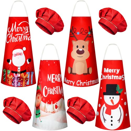 Hoolerry 4 Set Christmas Kids Apron and Chef Hat Boys Girls Red Aprons Hats Snowman Deer Elf Santa Apron for Kitchen Baking Cooking Kitchen Painting Wear(Vivid)
