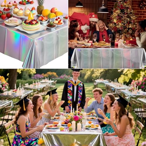 JINSUI Iridescent Tablecloth Party Decorations 4 Pack, 54" X 108" Plastic Tablecloths Disposable for Birthday Disco, Silver Laser Rectangle Table Covers for Bachelorette Bridal Wedding Decor