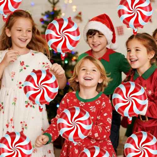 12 Pcs Red Candy Balloons, Christmas Foil Balloons, Large Candy Swirl Mylar Balloon Kit for Christmas Party Birthday Candy Themed Party Decorations