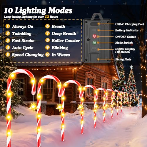 Bonlion 10 Pack 21-Inch Solar Candy Cane Christmas Lights with 10 Modes