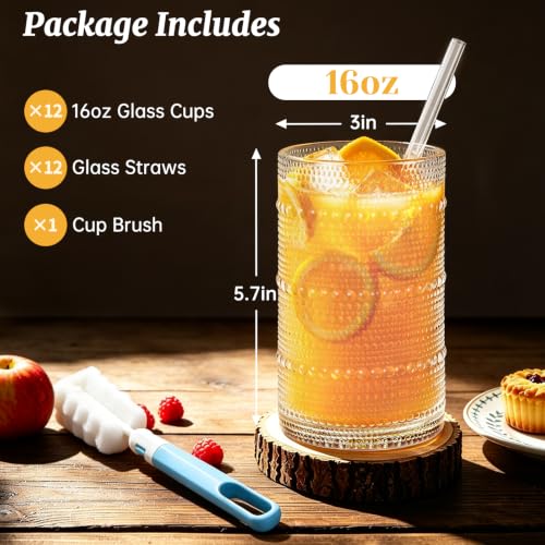 16oz Vintage Hobnail Drinking Glasses Set of 12 with Reusable Glass Straws