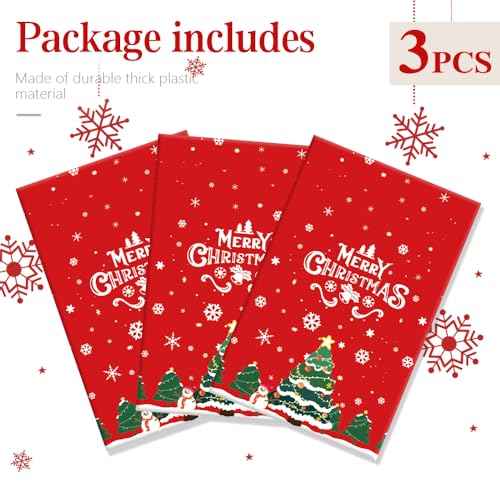 Christmas Tablecloth, 3 Pcs Plastic Christmas Tablecloth Disposable 54"x108", Red Plastic Xmas Table Cloth Cover Rectangle Table Decorations for Xmas Holiday Party Supplies