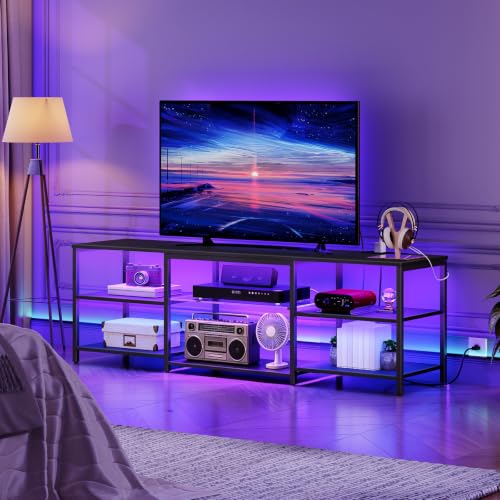 63-Inch Black LED TV Stand with Charging Station for 75 Inch TVs, Gaming Entertainment Center