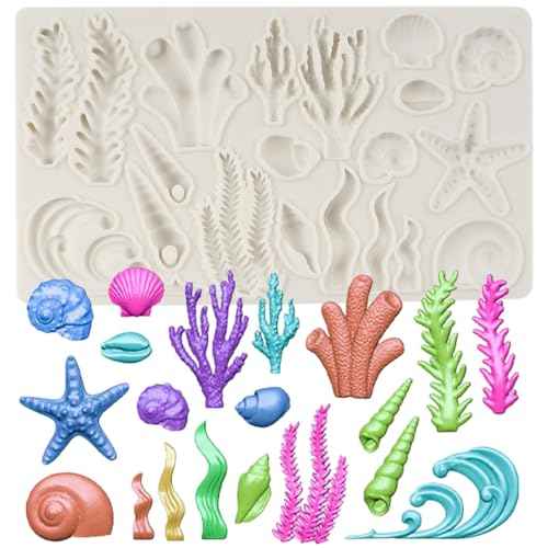 Marine Theme Fondant Molds Seashell Conch Starfish Seaweed Coral Silicone Mold For Cake Decoration Cupcake Topper Sugar Craft Chocolate Candy Gum Paste Polymer Clay