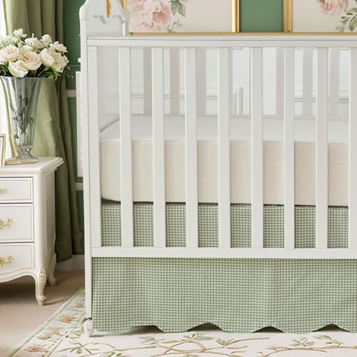 Sage Green Gingham Scallop Edge Cotton Crib Skirt - Baby Boy Girl Nursery Decor