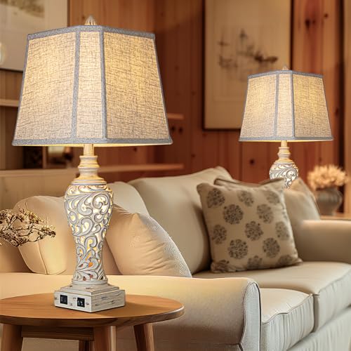 Cream Set of 2 28.5-Inch Farmhouse Bedside Table Lamps with Nightlight & USB Ports