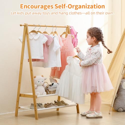 Kids Clothing Rack with Shelves and Hang Rod - Foldable Baby Wardrobe, Natural Bamboo