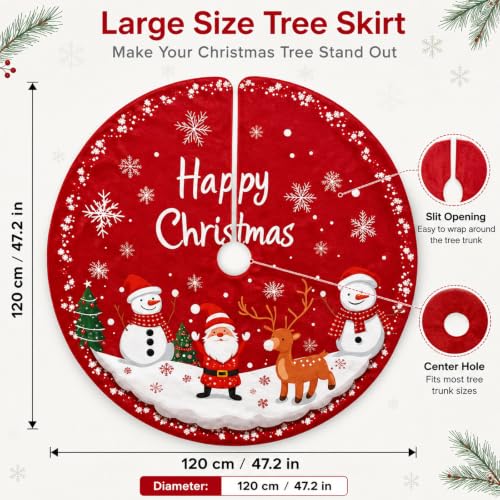 Christmassy 47in Red Christmas Tree Skirt with Santa, Snowmen & Reindeer Print