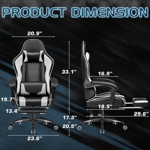 Homall White Gaming Chair with Ergonomic Headrest, Massage Lumbar Support & Footrest
