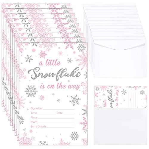 25 Sets Snowflake Baby Shower Invitations with Envelopes A Little Snowflake is on The Way Party Decorations Silver Pink Invitations for Christmas Winter Gender Reveal Party Supplies, 4 x 6 Inch