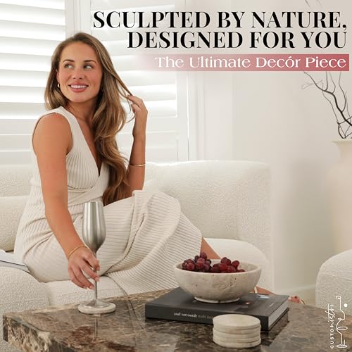 Travertine Decorative Bowl - 8-Inch Stone Centerpiece for Coffee Table & Home Decor - Heavy Natural Limestone
