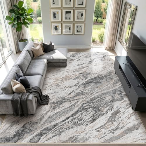 9x12 Taupe Washable Area Rug - Modern Abstract Non-Slip Carpet for Living Room & Bedroom