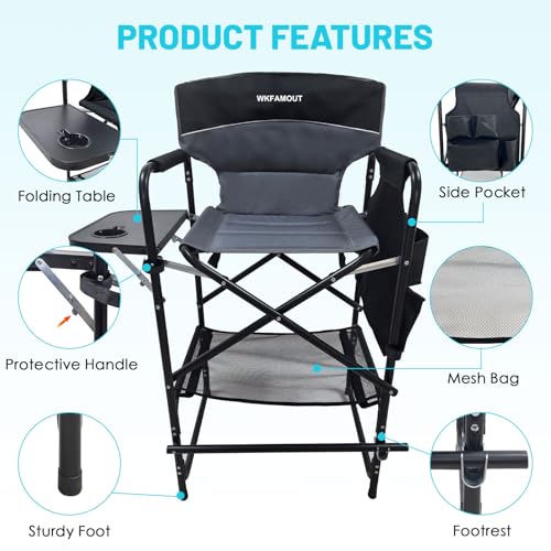Grey Tall Folding Director Chair 30.7" Seat Height with Side Table & Carry Bag