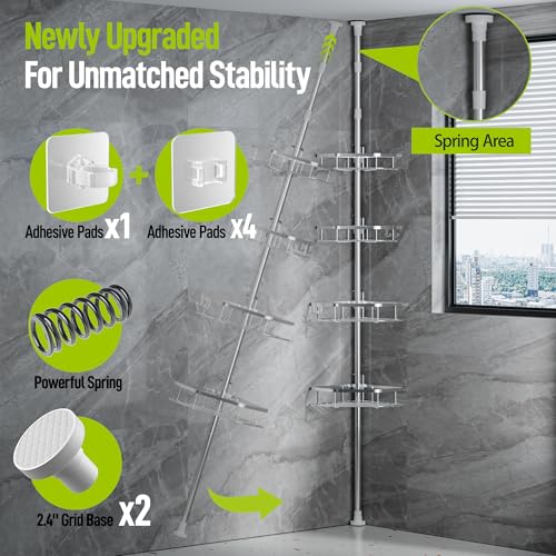 Corner Shower Caddy Tension Pole - 4-Tier Stainless Steel Bathroom Organizer