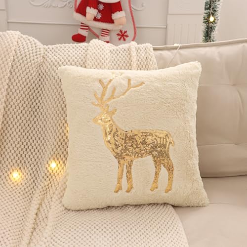 LUOYEHK 18x18 Faux Fur Christmas Pillow Covers Set of 2 Beige Deer