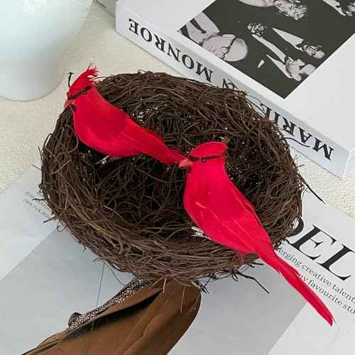 2pcs Red Cardinals Birds Decor Cover with Feather 5.5inch Clip on Artificial Bird Figurines for Crafts Decoration Christmas Tree Ornaments