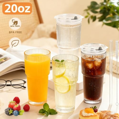 MINGHYZYA 20 OZ Iced Coffee Cup With Glass Lids and Straws,High Borosilicate Glass Tumbler Cup Reusable Wide Mouth Smoothie Cups(Clear,1cup)…