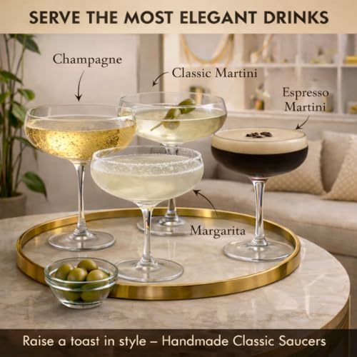 Set of 4 Elegant 10oz Cocktail Coupe Glasses for Martinis & Champagne - Handblown Crystal
