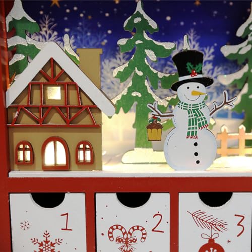 Christmas Wooden Advent Calendar with LED Lights, Snowman & Santa - 24 Drawers Holiday Countdown Decor