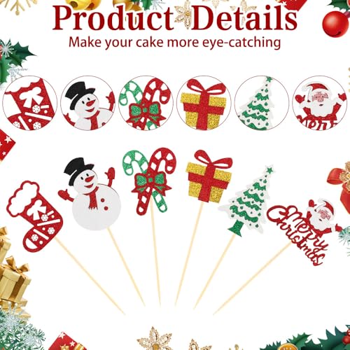 Tauywolci Christmas Style 24 PCS Glitter Cupcake Toppers - Santa Snowman Xmas Decorations