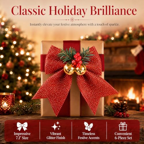 Christmas Glitter Bows with Jingle Bells & Pine Needles - Set of 6 Red Holiday Decorations