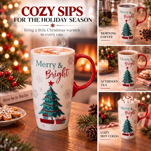 Topadorn 17oz Christmas Tree Ceramic Travel Mug with Lid - Merry & Bright