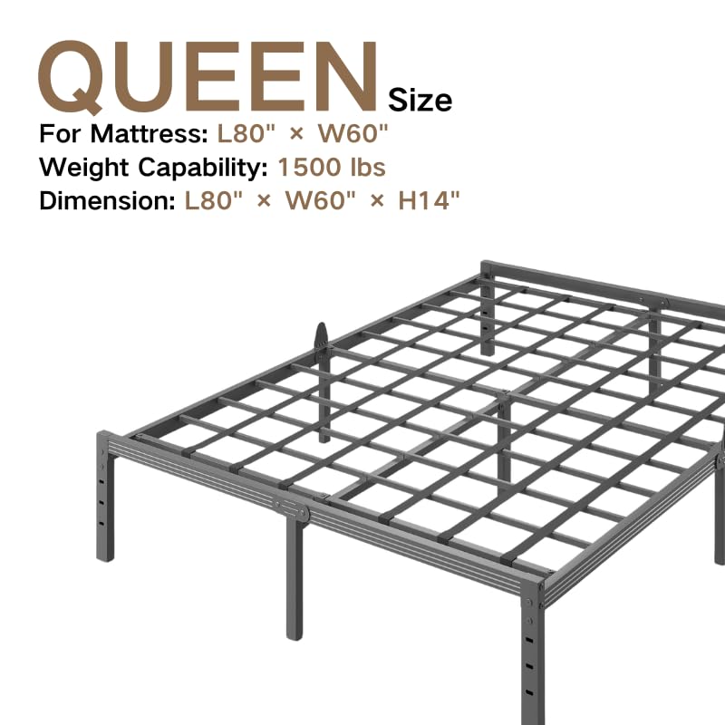 ZIYOO 14 Inch Queen Metal Bed Frame - Heavy Duty Platform Bed with Sag-Resistant Support, No Box Spring Needed, Easy Assembly, Black