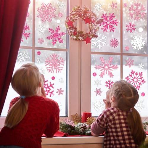 Whaline Pink White Glitter Snowflake Window Clings, 9 Sheets - Reusable Xmas Decor