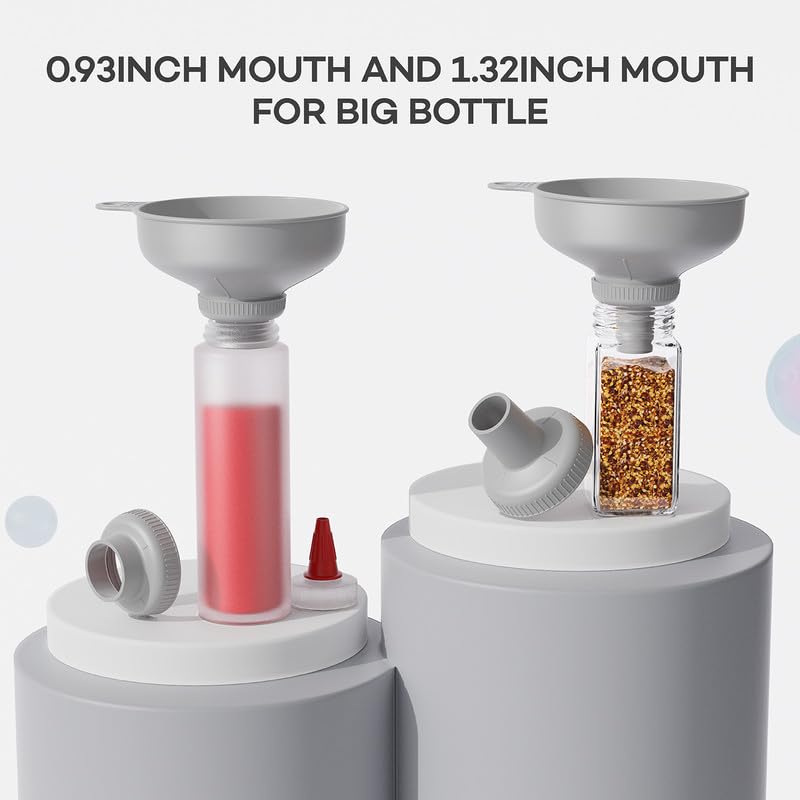 Pisol Wide Mouth Funnel Set - Versatile Food Grade Plastic Kitchen Funnels with 4 Spouts & 2 Strainers, Grey