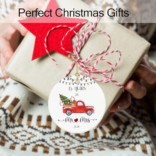 15 Year Anniversary Ornament 2026 – Mr & Mrs Gift, 2.9" Ceramic Keepsake (Double-Sided) – Chiranrise