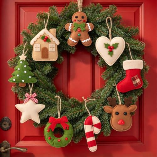 9 Pcs Handmade Reusable Felt Christmas Ornaments - Includes Gingerbread Man, Holly Heart & More (Variation: Handmade Felt Ornaments)