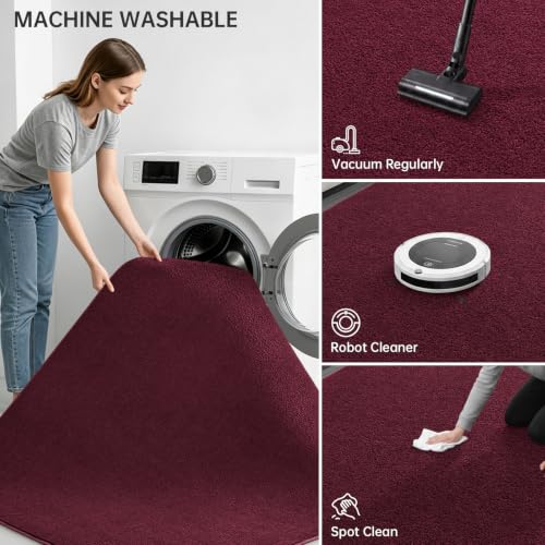 7x10 Burgundy Red Room Rug - Soft Fluffy Washable Low Pile Non-Slip Carpet for Bedroom & Living Room