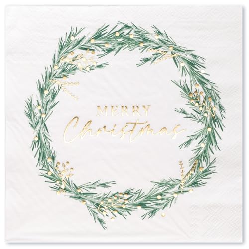 Green & Gold Wreath Christmas Paper Napkins - 6.5 x 6.5 Inches, 25-Count