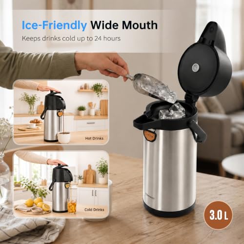 3L Insulated Stainless Steel Coffee Dispenser with Pump - Large Thermal Carafe - 101.4 Oz - Hot Cold Water
