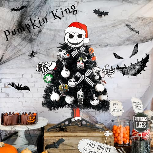 20 Inch Mini Halloween Christmas Tree with Lights - Black Tabletop Tree, Includes Decorations (BestNavidad Black Tree Variant)