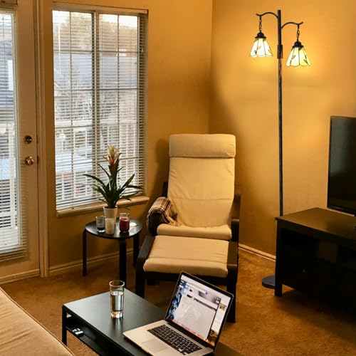 Vintage Dimmable Floor Lamp with 2 Tiffany Shades - 65 inch Bronze Standing Light